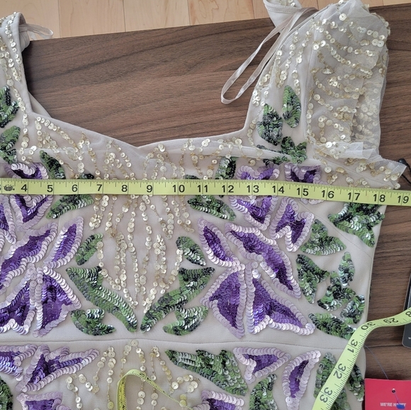 Adrianna Papell Floral Beaded Sweetheart Neck Cap Sleeves Shealth Long Gown 12 - Picture 10 of 16